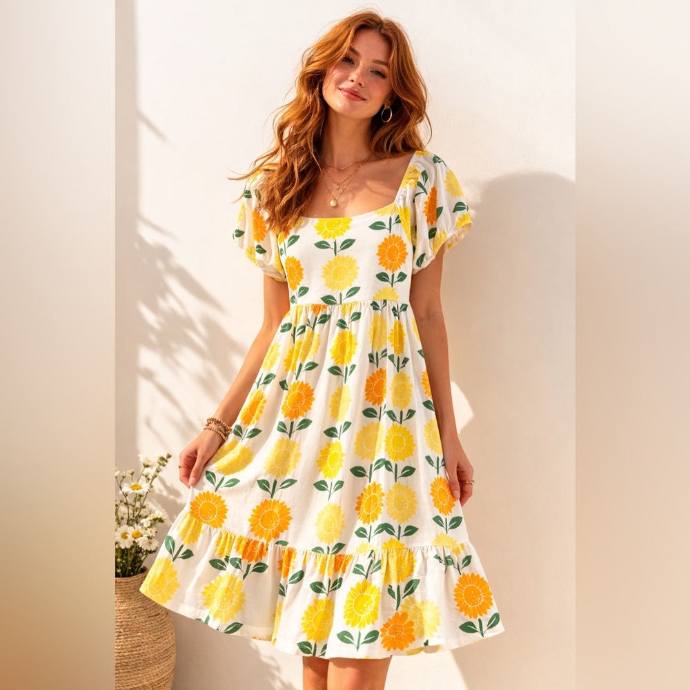 M+A Lounge Sunflower Midi Dress‎ Boho Cottagecore Puff Sleeve Summer Sundress S